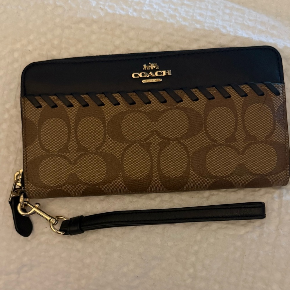 Coach Black and Brown Signature Wallet with Wristlet Strap